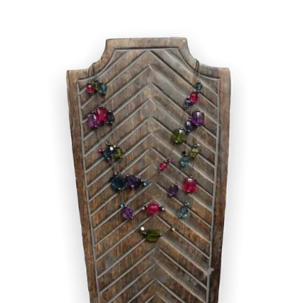 Three Layer Multi-colored Beaded Necklace Pink Purple Blue Green